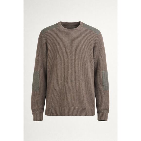AllSaints Taupe Cotton Crewneck Sweater Elbow Patch XL Casual Knit Grandpacore